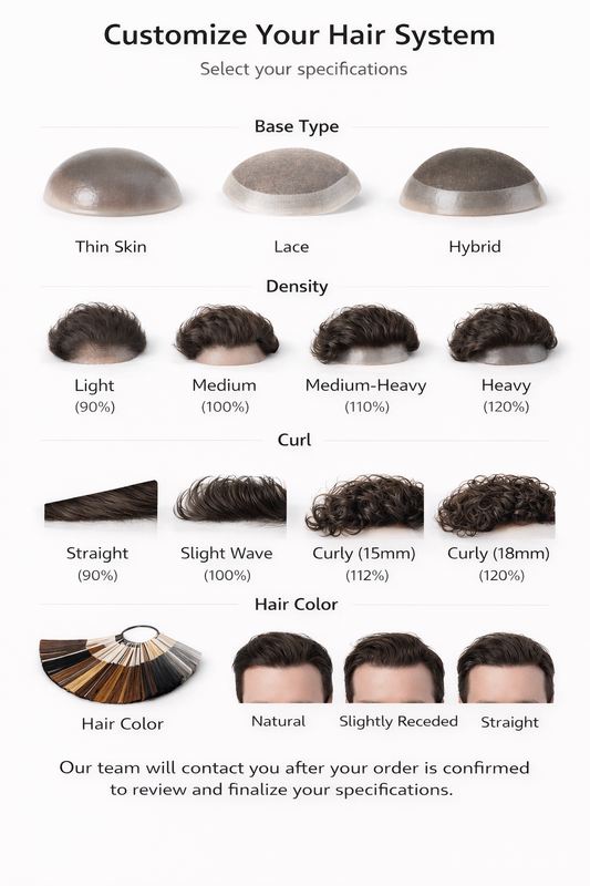 Custom hair system options guide for men including base type, density, curl pattern, color and hairline selection