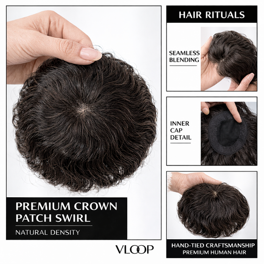 Close-up of a premium crown patch swirl human hair system showing natural hair density, seamless blending, and inner cap construction in a black and white product layout.