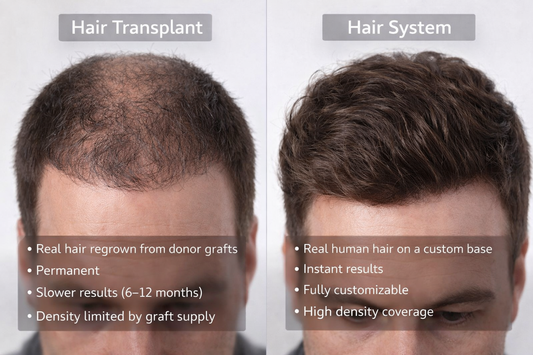 Hair transplant vs hair system results comparison with before and after hair density and coverage