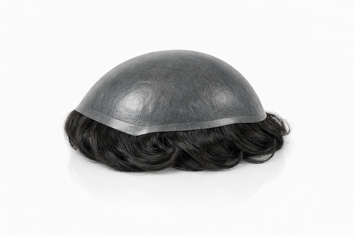 Studio product photo of a hair system for men with transparent ultra thin base and natural wave hair