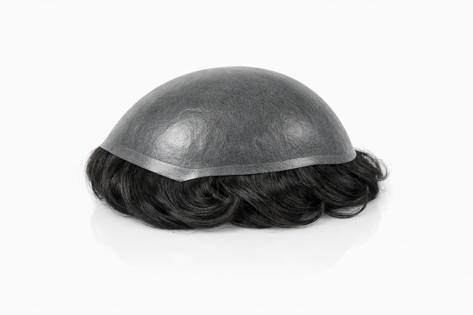Studio product photo of a hair system for men with transparent ultra thin base and natural wave hair