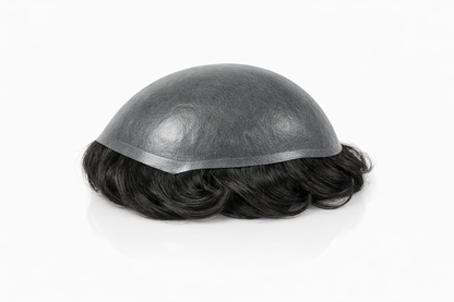 Studio product photo of a hair system for men with transparent ultra thin base and natural wave hair