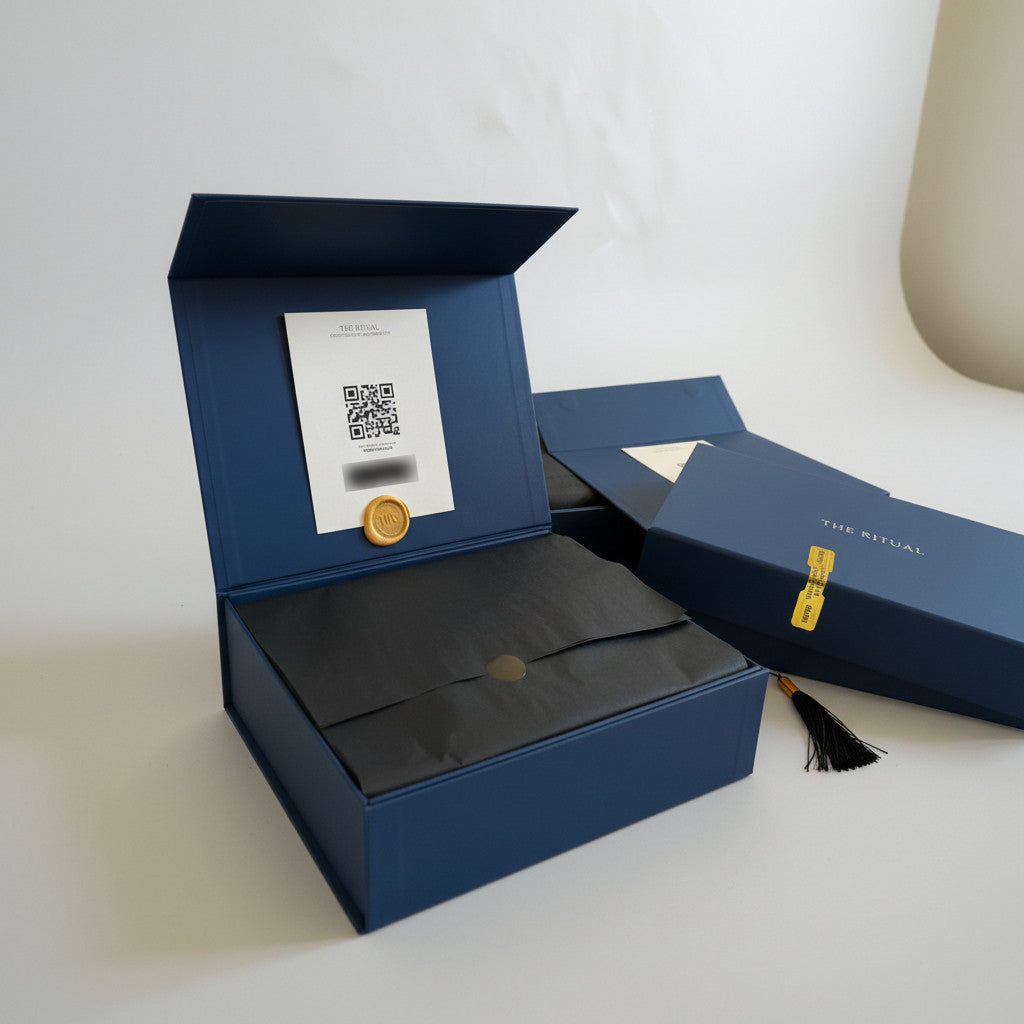 Blue mens hair system box with a black interior, featuring a gold seal and a card with a QR code on a white background.