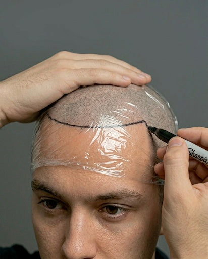 Person with a bald head wearing a clear plastic wrap, with a hand holding a marker on a gray background.