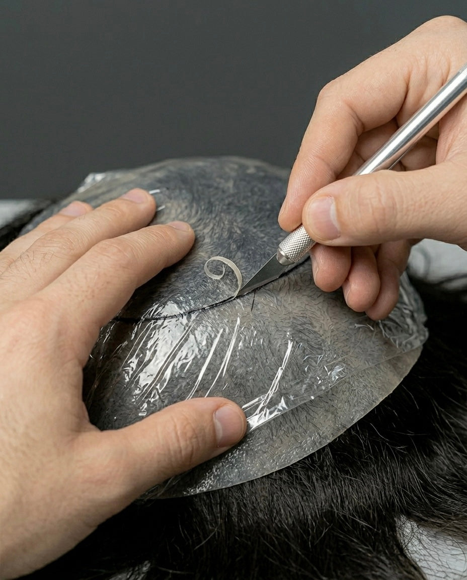hair system for men showing how to custom fit the thin skin.